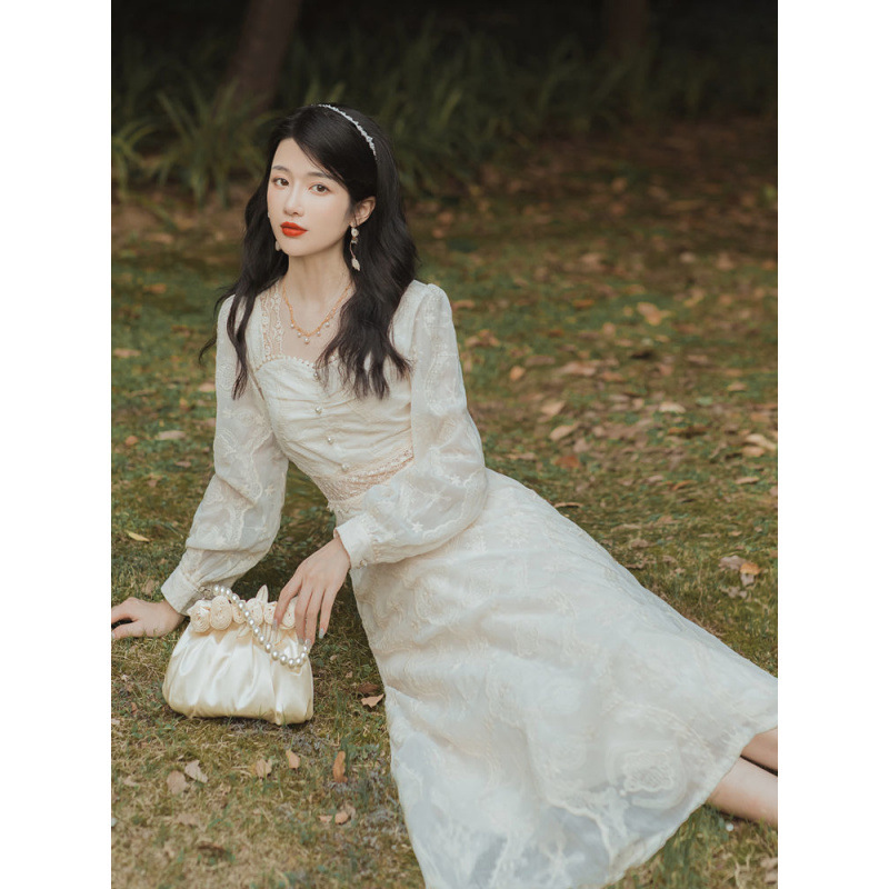 不加绒/加绒 蕾丝长裙女桔梗法式宫廷风连衣裙复古温柔年新款|undefined