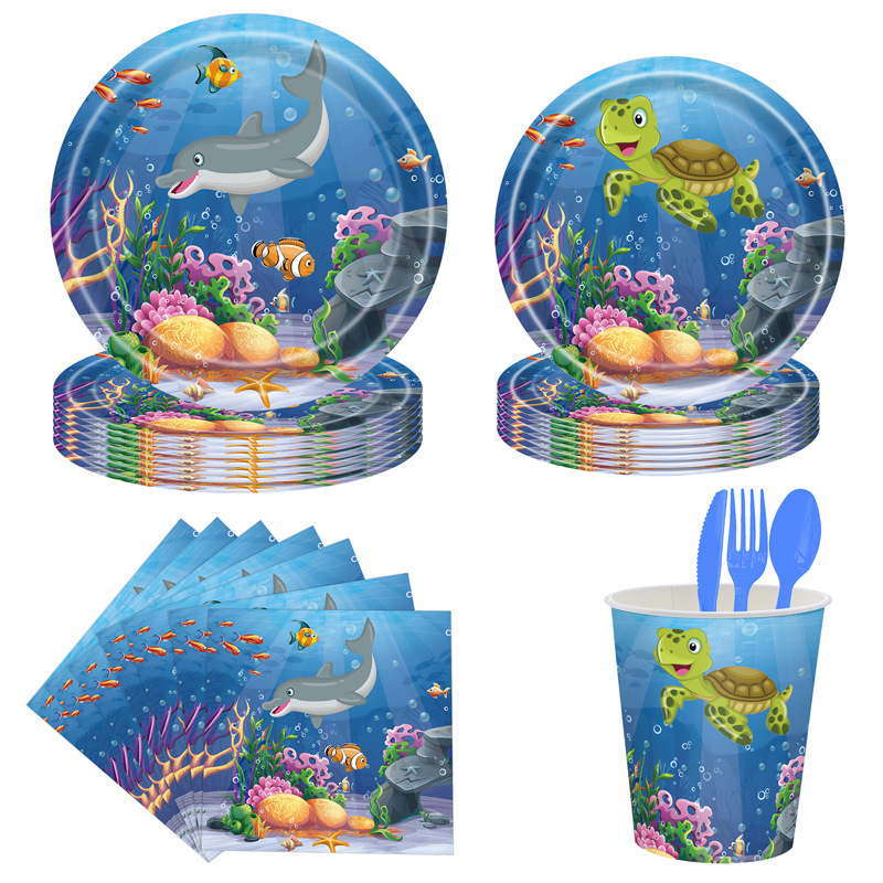New Spot Ocean Theme Birthday party Supplies Paper Tray Paper Cup Paper Towel Knife, Fork and Spoon Set party Decoration