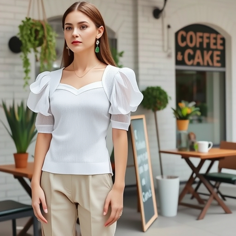 Ice Silk T-Shirt for Women 2026 New Summer Short-Sleeve French Court Style Puff Sleeve Square Neck Cool Top