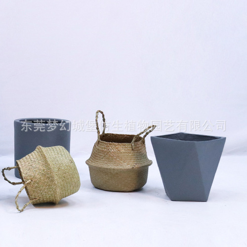 Nordic decorative straw flower pot simple style living room woven basket cement flower pot ornaments bonsai pot floor-standing flower pot