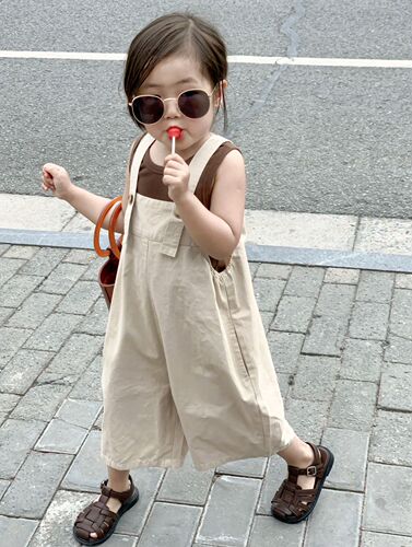  Summer Unisex Kids Korean Style Halter Loose Wide Leg Shorts Bodysuit with 7/8 Straps + Sleeveless Top, Separate Photos