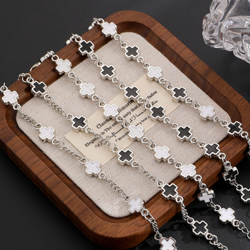 Cross-Border Fashion Black and White Splicing Cross Bracelet for Women Ins Versatile Design Hand Jewelry for Men 2025 Summer New Product