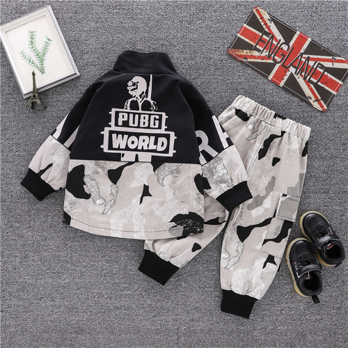 Children's Camouflage Two-Piece Set, Small Boys' Stand Collar Autumn Wear, New Casual Children's Clothing, Letter Zipper Suit for Kids