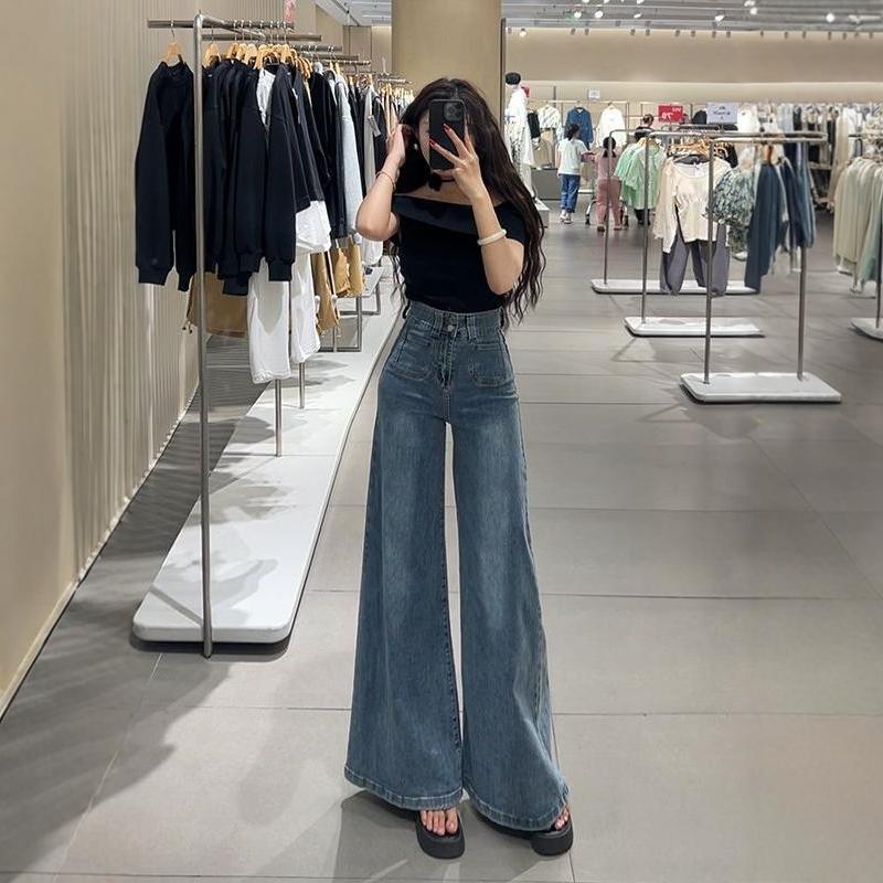 超阔腿牛仔裤女2025年秋季新款高腰双纽扣宽松显瘦百搭拖地长裤|undefined