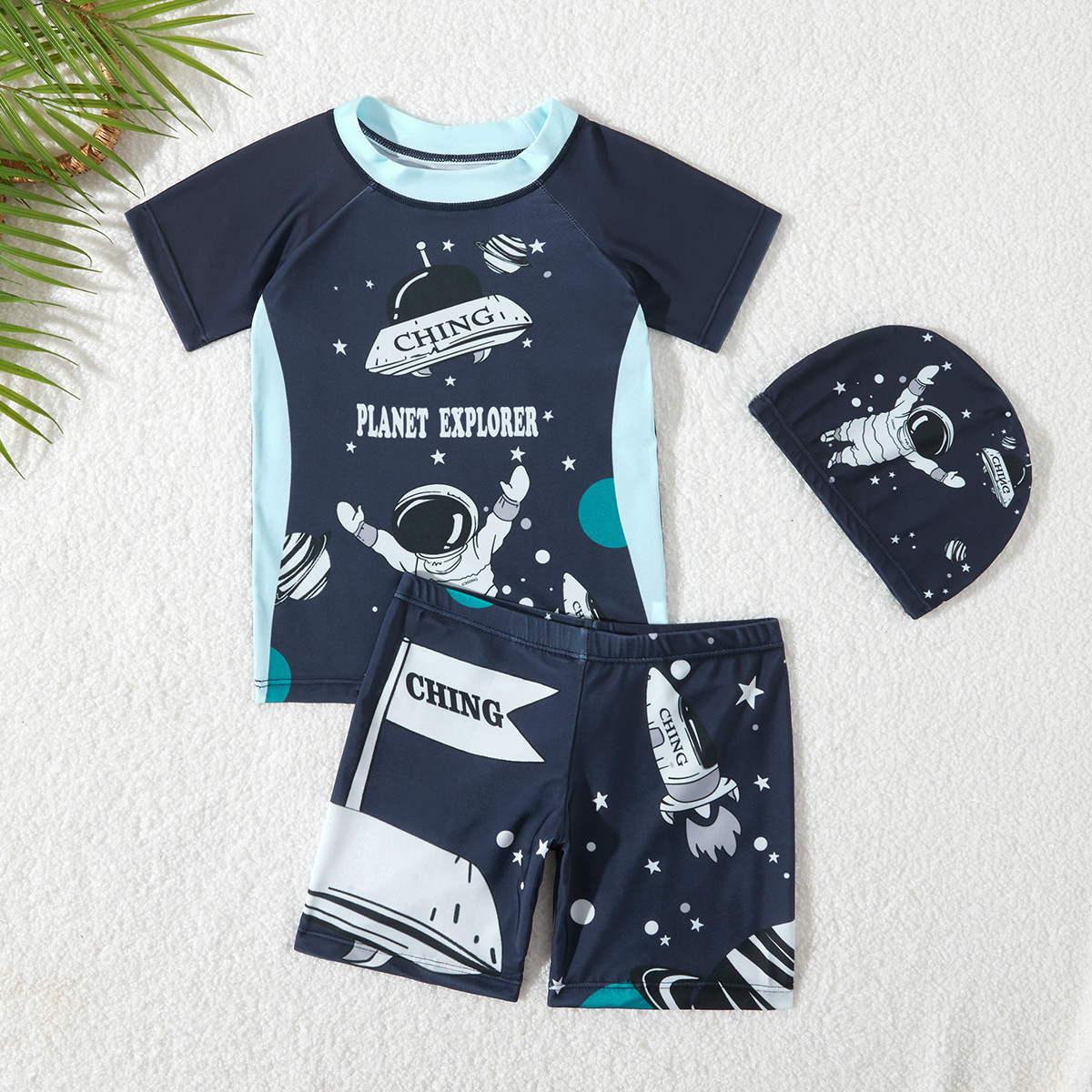 Children's Swimsuit Boys' Split Short-Sleeved Shorts Swimming Cap Three-Piece Set Cartoon Pattern Swimsuit Sports Cartoon Swimsuit