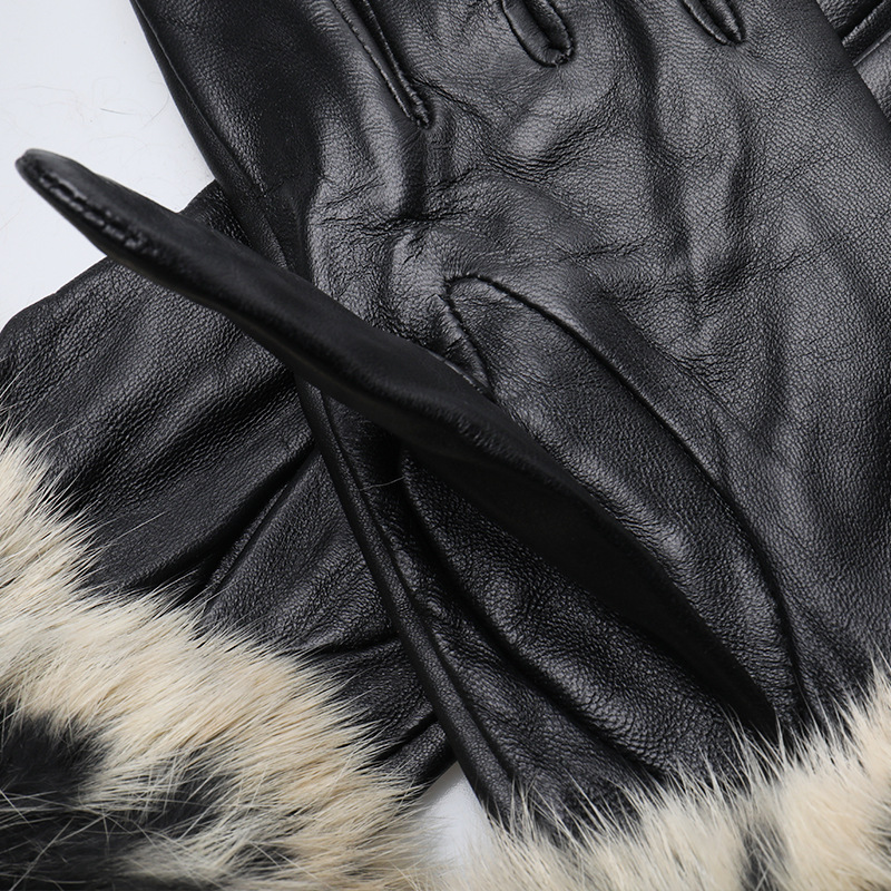 冬黑色单色冬季女骑行现货保暖手套獭兔毛口加绒防寒真皮羊皮手套