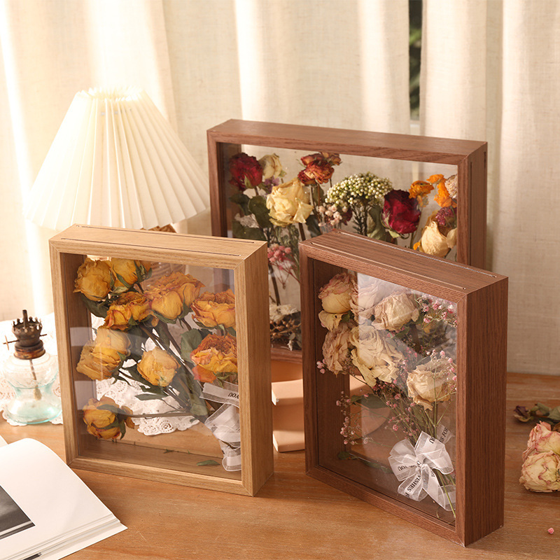 diy Handmade Dried Flower Photo Frame Eternal Flower Rose Preservation Wooden Picture Frame Hollow Double-Sided Display Box Set Table Gift