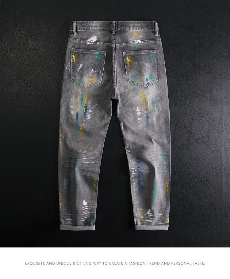 Men’s Slim Fit Ripped Patchwork Jeans With Graffiti Print Retro_voghion.com