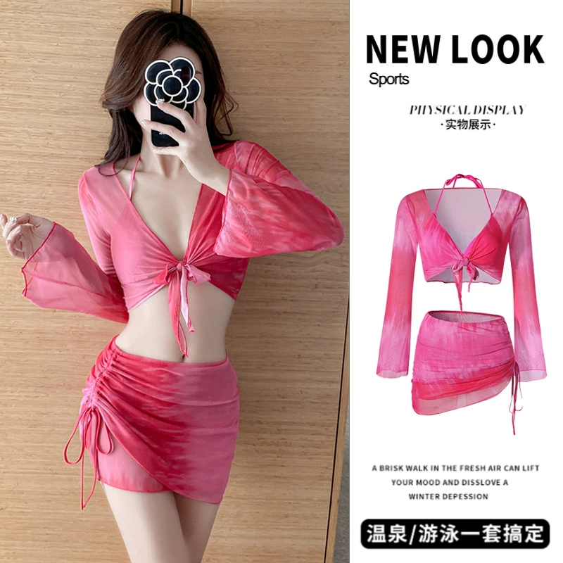 Купальник женский, бикини из четырех частей, сплит для похудения, маленькая грудь, новинка 2025 года, с длинными рукавами, горячий источник, купальник для девочек, элитный