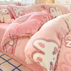 保暖牛奶绒四件套冬季加厚珊瑚绒三件套可爱卡通单被套珊瑚绒床笠