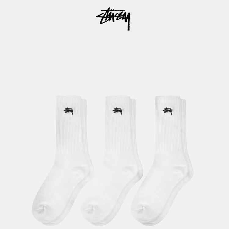New Stussy Socks Black and White Embroidered Towel Bottom Socks Men and Women Double Needle Mid-Calf Socks Ins Trendyy Letter Socks