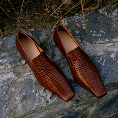 頭層牛皮單鞋女低跟鞋早春新品石頭紋復古方頭低幫深口單鞋女鞋潮