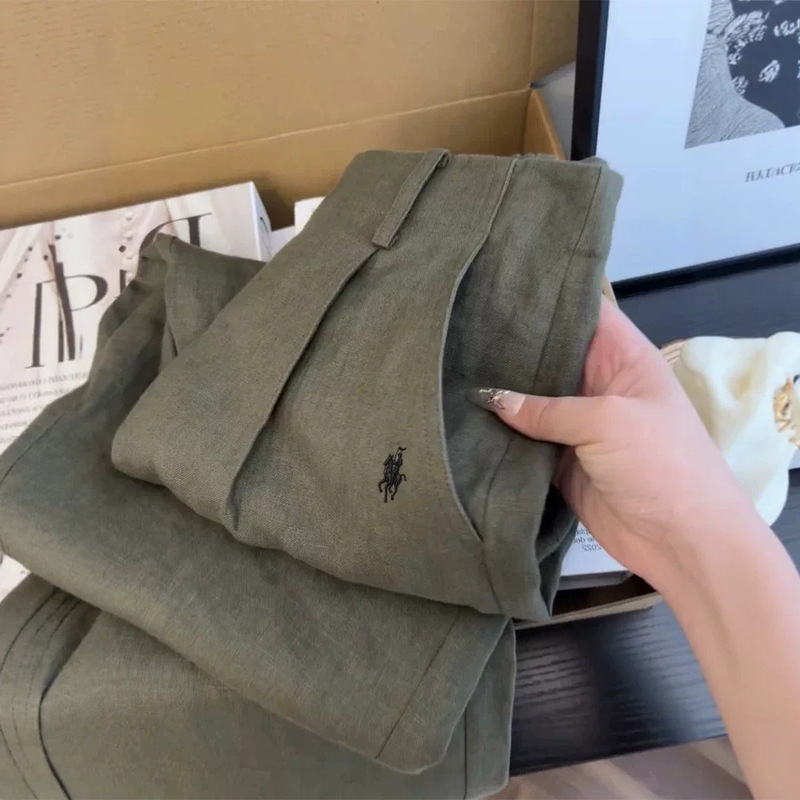 Green high-waisted linen casual pants with a small horse embroidery, perfect for summer, loose fit, flowing drape, versatile wide-leg long pants