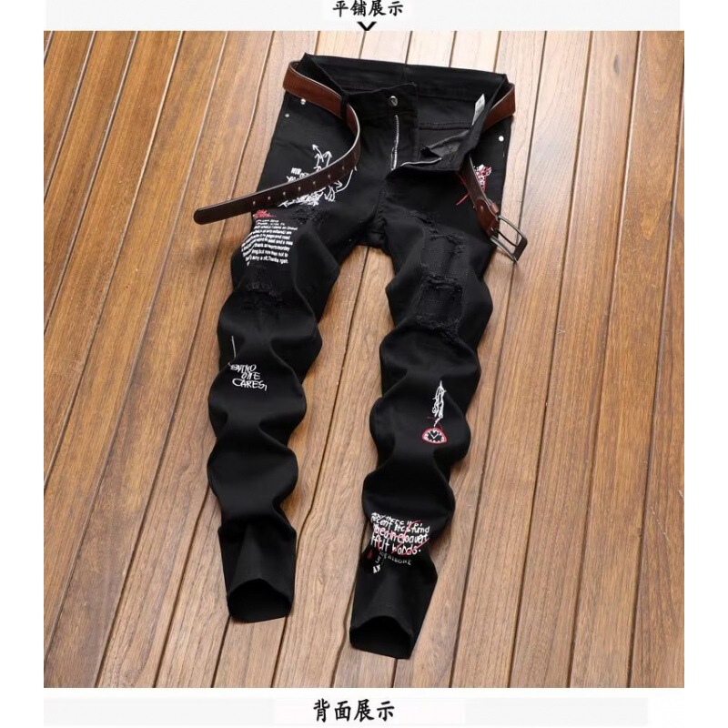 Black Ripped Jeans Men's Trendy Brand Slim-fit Skinny Pants Men's All-match Knee Zipper Motorcycle Casual Pants