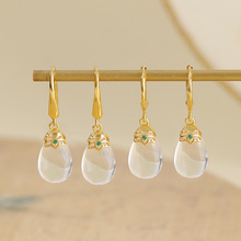 悦宝珠宝天然水晶耳饰S925纯银白水晶水滴复古新中式耳夹耳钩批发