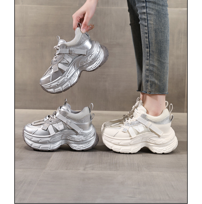 Giày sneaker nữ đế dày rhinestone lưới thoáng khí — Màu be chi tiết 20