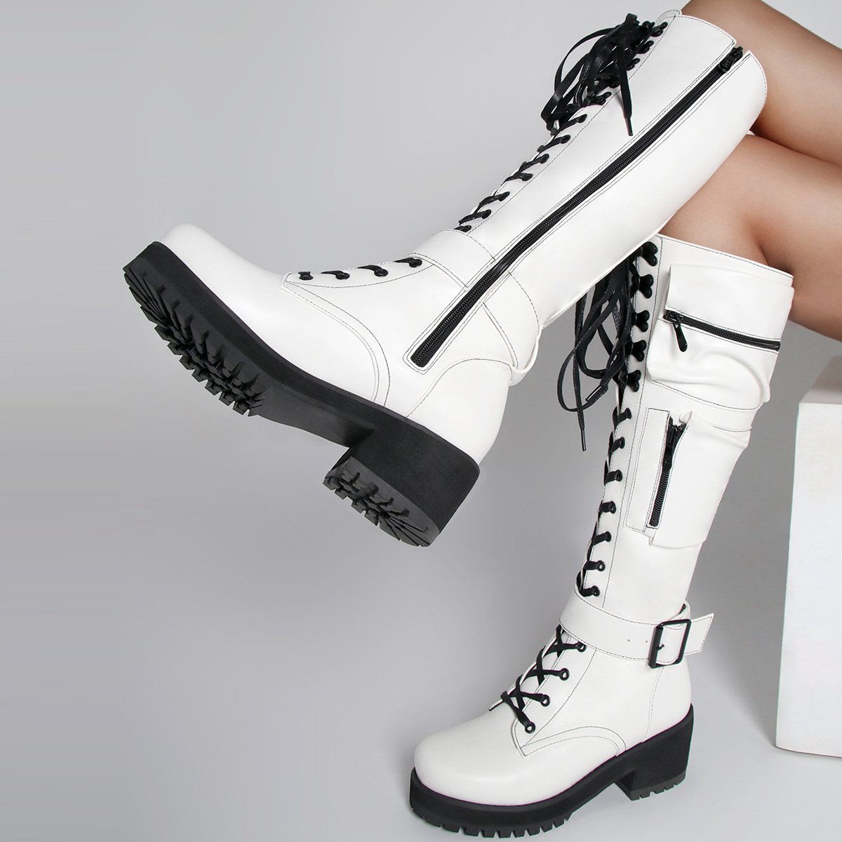 Women's Shoes fashionable low heeled mid tube boots with side zipper bags large size long boots_voghion.com