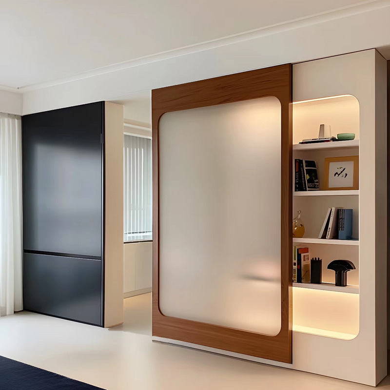 Medieval-Style Kitchen Sliding Door Partition Door, Walnut Pure Solid Wood Sliding Door, Pineapple Wood Balcony Glass Hanging Sliding Door