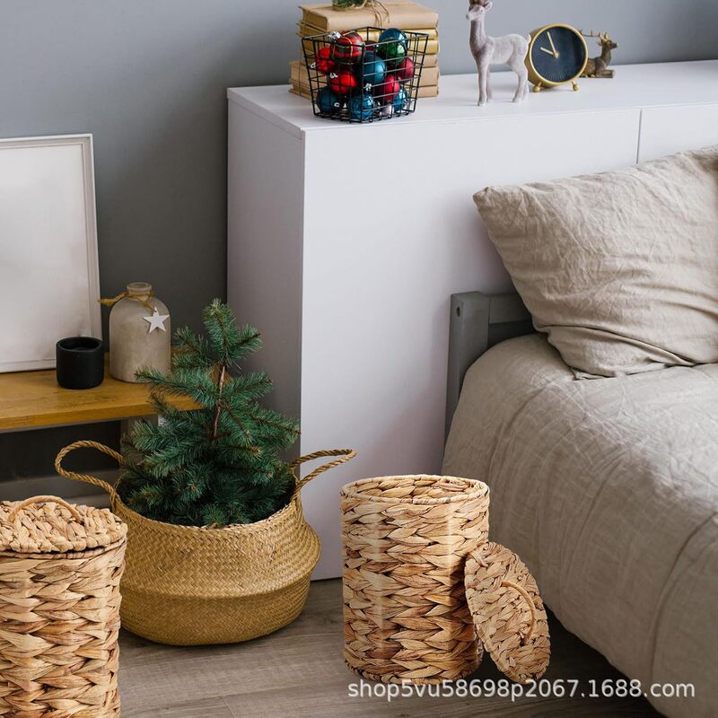 Straw Woven Trash Can with Lid and Handle, Bohemian Woven Bathroom Waste Basket, Handmade Woven Trash Bin