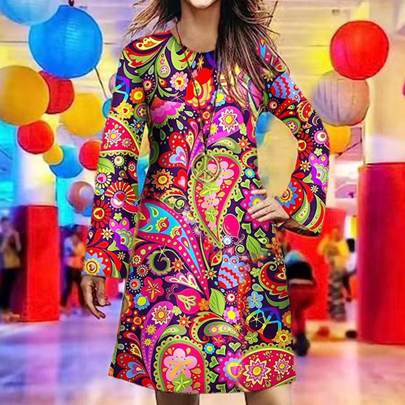 Amazon Cross-Border New Product European and American Women's Clothing Halloween Retro Hippie Clothing Printed Women's Dress