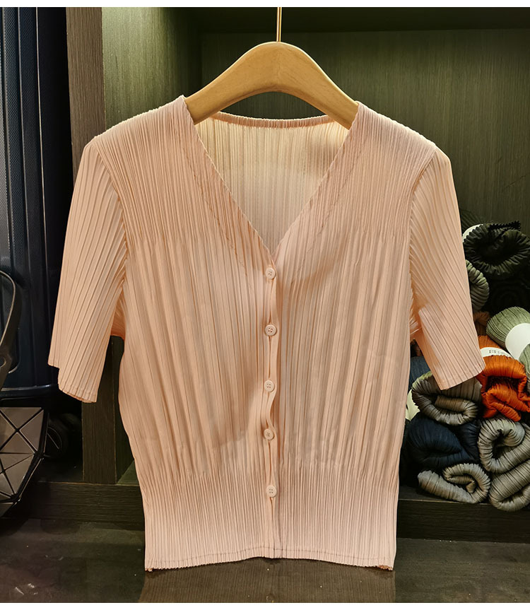 Áo cardigan cổ chữ V tay ngắn nữ phối nút đơn chất liệu mỏng mùa xuân hè — Màu xanh lục nhạt, Màu đen, Màu tím nhạt, Màu hồng chi tiết 10