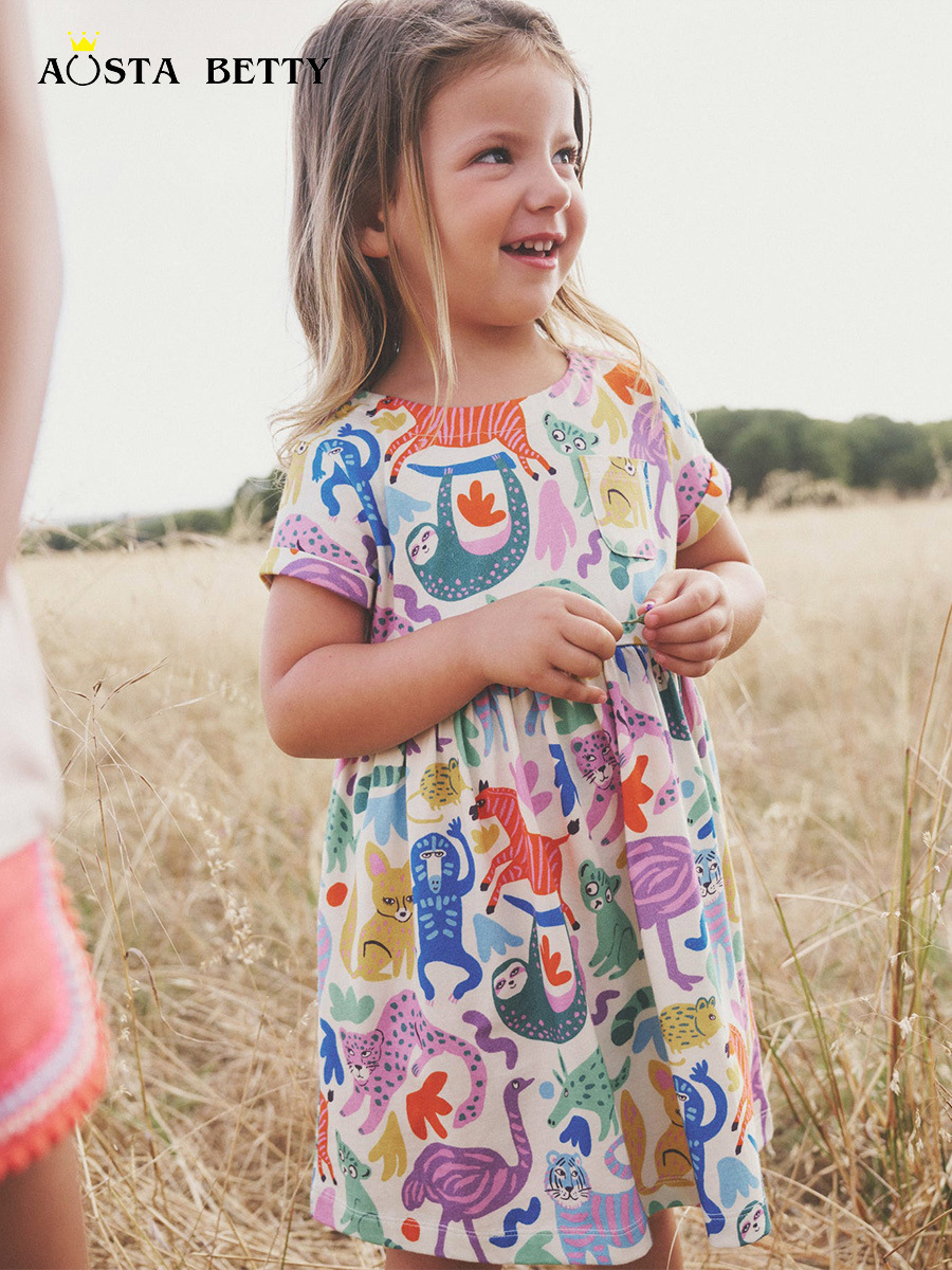 Verano nuevo vestido de niña dibujos animados impresión animal vestido de mangas cortas vestido de niños de estilo europeo y americano comercio exterior