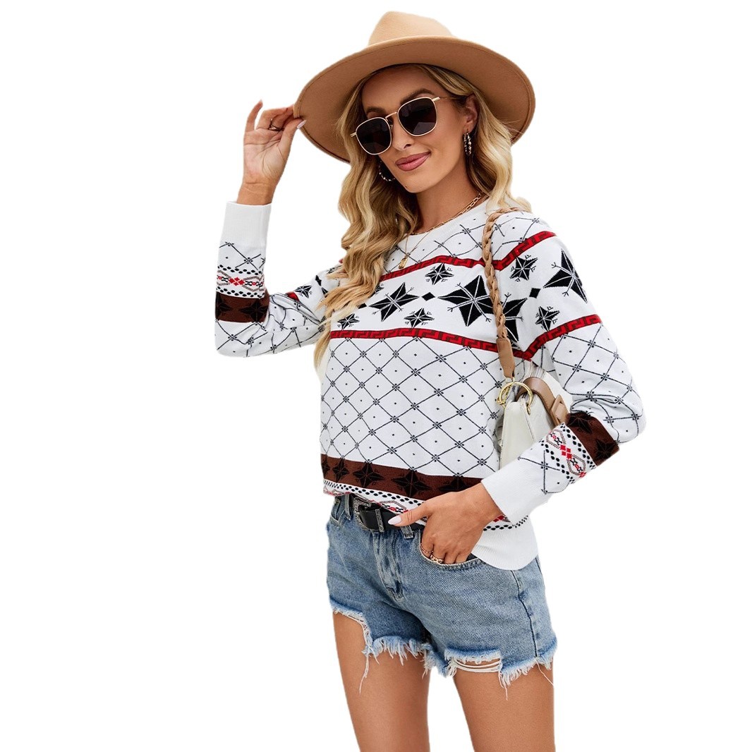 European and American cross-border foreign trade women's Christmas sweater round neck holiday snowflake jacquard knitted top loose knitted sweater for women
