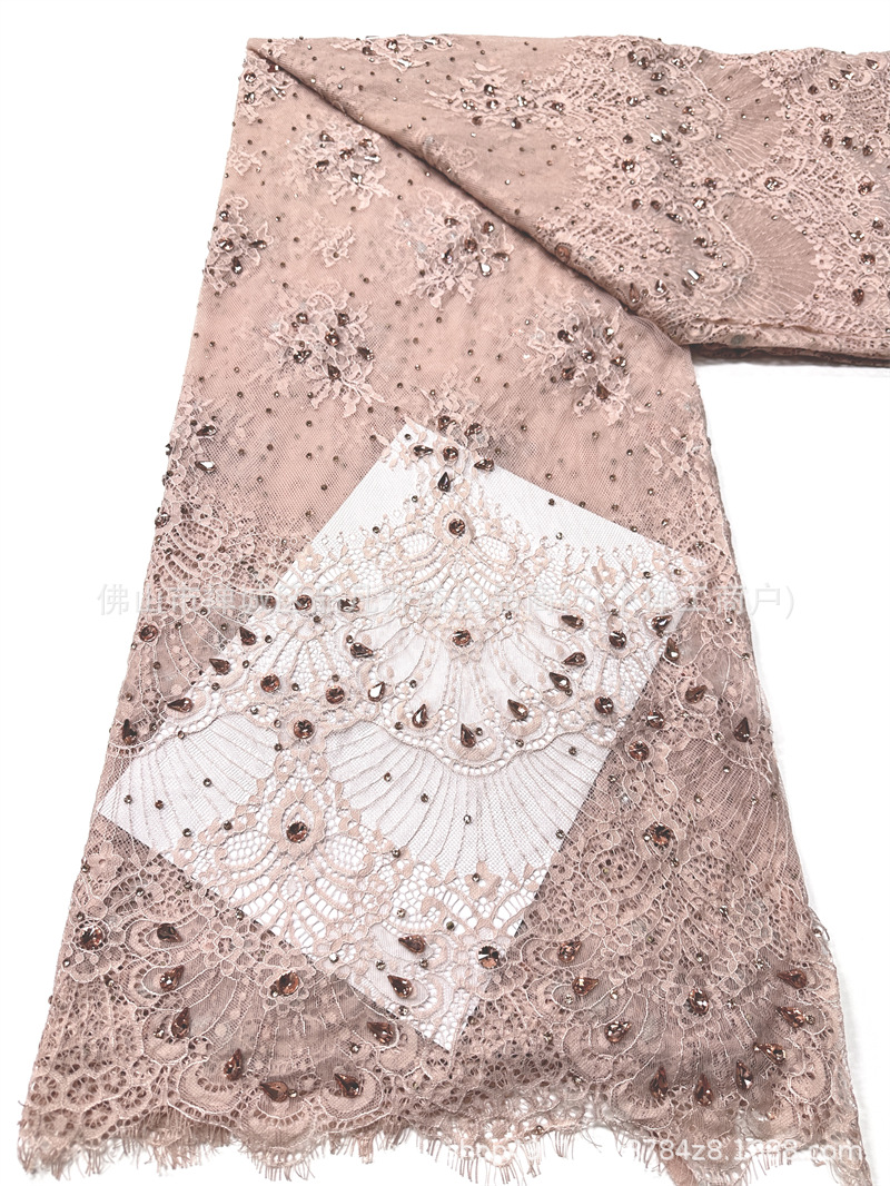 Tejido de encaje retro francés bordado rosa claro tela de malla de perlas de clavos vestido de boda