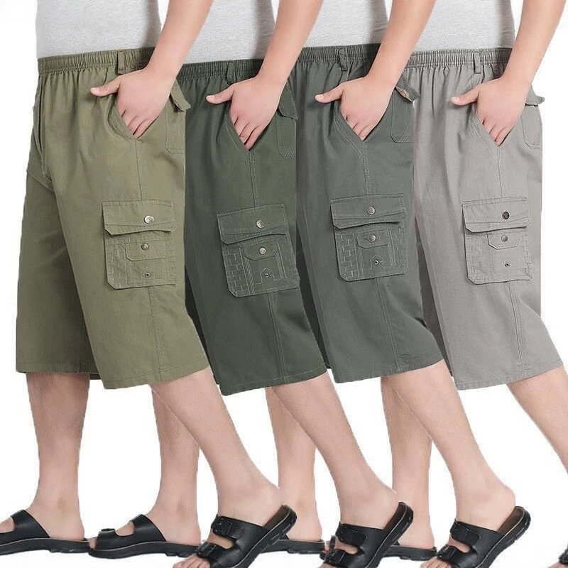 Summer Dad Shorts for Middle-Aged and Elderly Men, Casual Khaki Cotton Work Pants, Loose Straight-Leg Mid-Length Pants