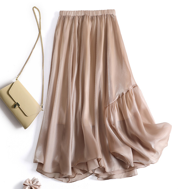 High Cost-Performance Ratio ~ Pearlescent Glossy Pleated Skirt with Asymmetrical Design, A-Line Large Hem Skirt for Women