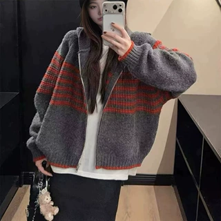 韩系撞色条纹连帽毛衣外套女秋冬季新品慵懒风松弛感针织开衫现货