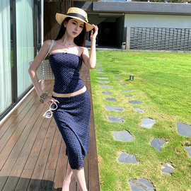 辣妹套装蓝色碎花短款抹胸背心女夏季性感开叉包臀半身裙两件套