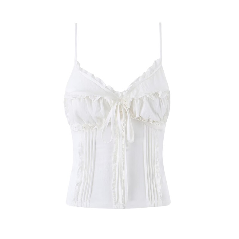 Ruffled Lace Deep V-Neck Camisole for Women with Front Tie, Slim Fit, Short Style, Suitable for Layering or Wearing Alone, Sweet and Stylish Top Ruffled Lace Deep V-Neck Camisole for Women with Front Tie, Slim Fit, Short Style, Suitable for Layering or Wearing Alone, Sweet and Stylish Top