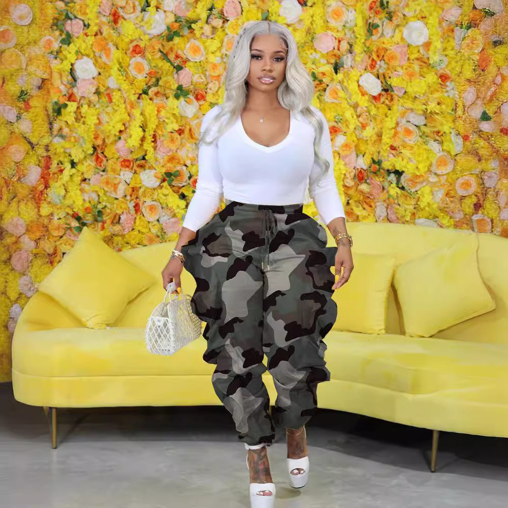 M-6172 New Source European and American Cross-border Women's Camouflage Printed Ruffled Casual Women's Trousers in stock