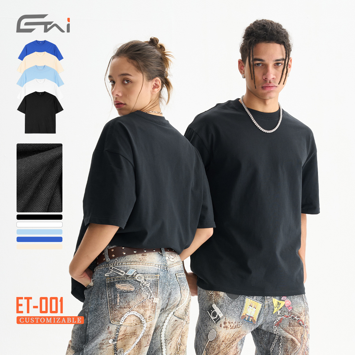 ETAI Hombre| Boxy de alta calidad de manga corta pesada camiseta masculina de algodón suelta marca de moda pequeño cuello sólido de manga corta
