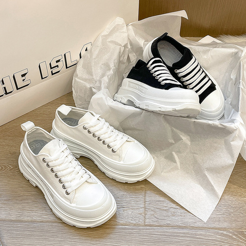 Spring and Autumn new style canvas shoes for female students, fashionable sneakers, casual white shoes, low-top thick-soled couple models, men's shoes, foreign trade