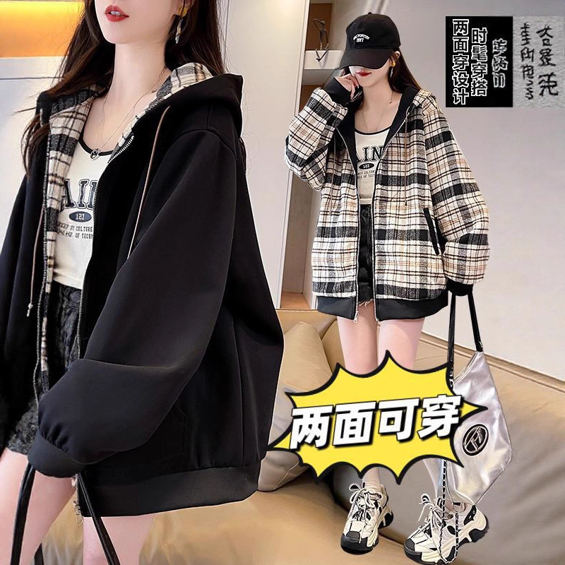 Reversible Jacket for Girls, Spring and Autumn 2025 New Style, Casual Plaid Loose Workwear Jacket for Middle and High School Students