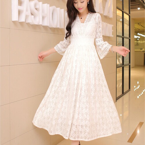 Ladies Summer Dress with Lace V-Neck Fitted Waist Skirt Korean Style Dress Vacation Women Beach Dress
