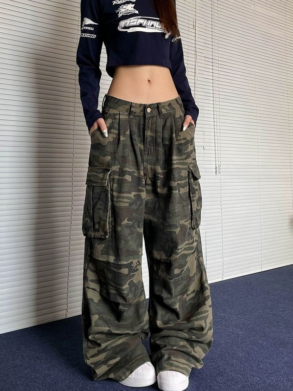 【韩牛】美式高街工装阔腿迷彩牛仔裤女小个子垂感复古高腰宽松|undefined