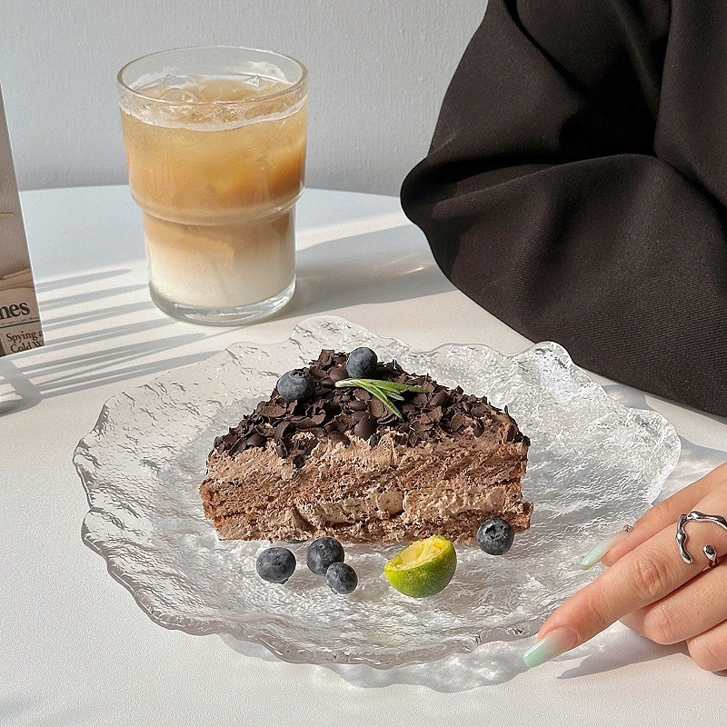 Plato de vidrio irregular glaciar japonés plato de refrigerio casero plato de frutas bandeja de postre circular cubiertos