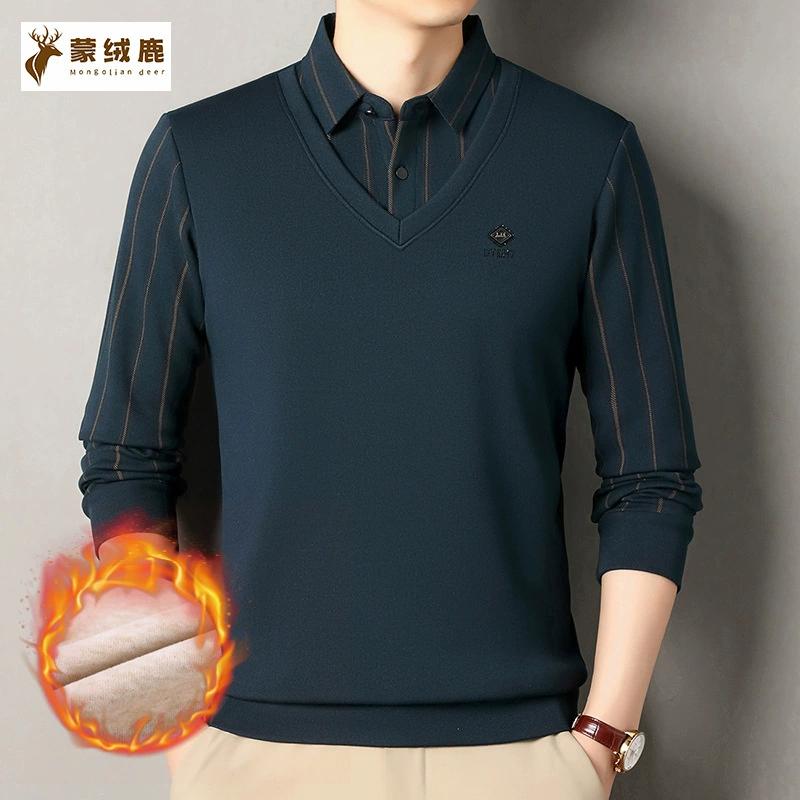 Зимние мужские бархатные утолщенные поддельные две футболки с длинными рукавами