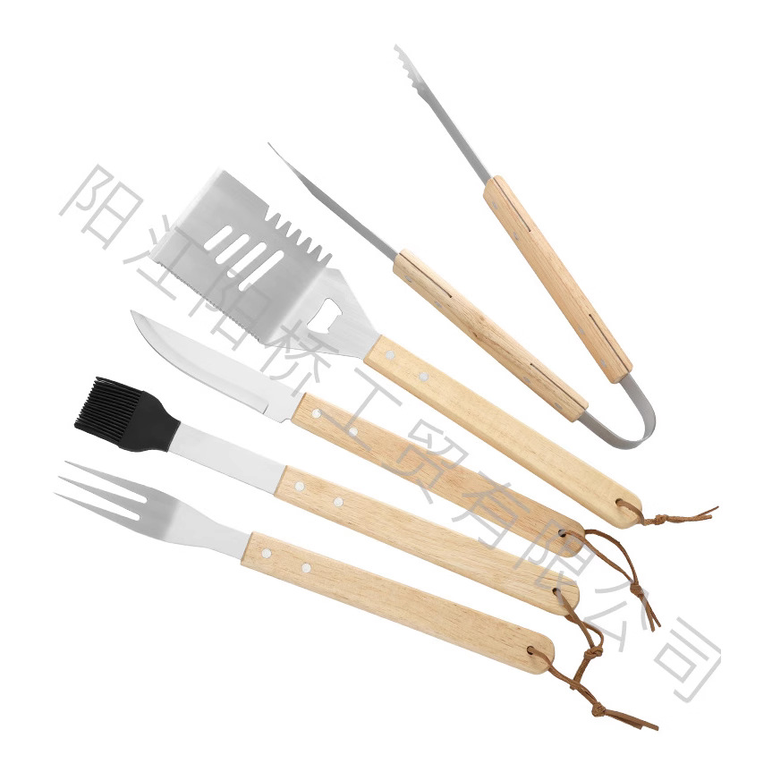 Fábrica en stock acero inoxidable parrilla set mango de madera BBQ camping al aire libre herramientas de parrilla bolsa de tela horquilla de parrilla combinación