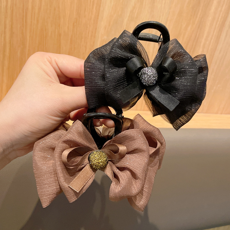 8CM亮絲網紗蝴蝶結抓夾後腦勺盤發氣質鯊魚夾髮飾2023新款發卡子