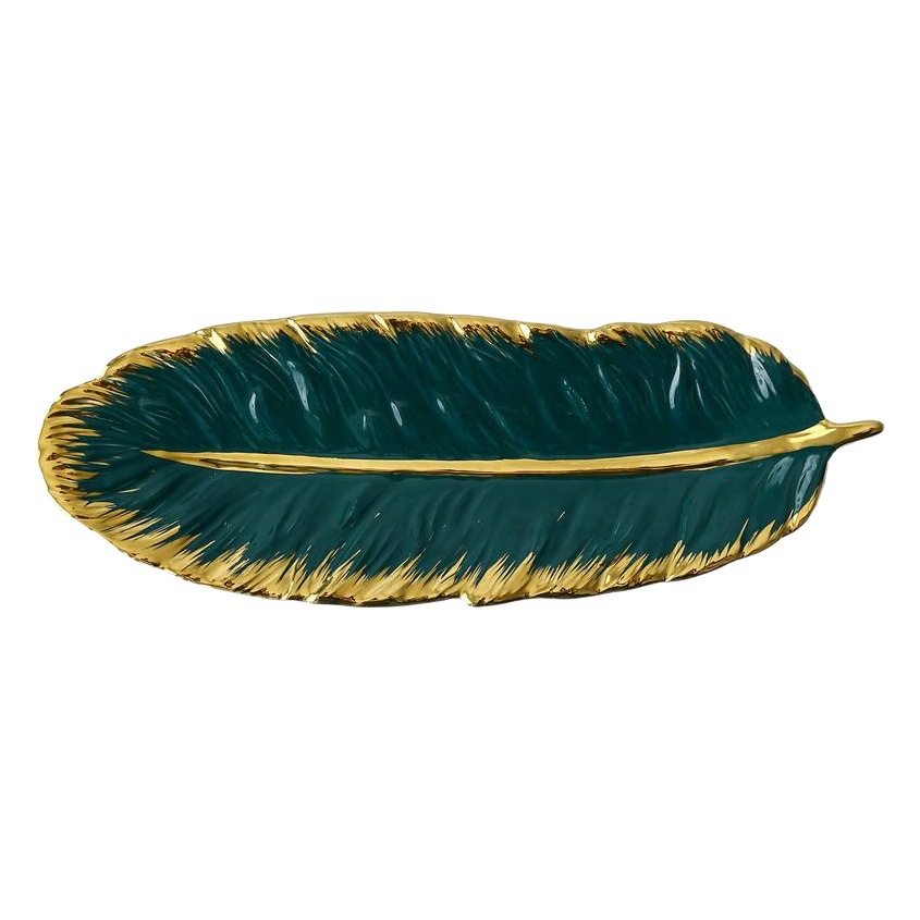 Borde dorado nórdico creativo luz bandeja de cerámica de lujo Placa de plumas de color verde oscuro hoja de plátano fruta seca Placa de almacenamiento plato de porcelana