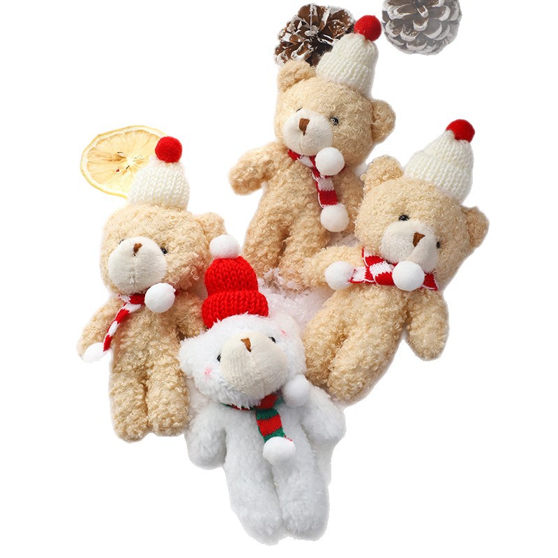 Navidad adorable peluche osos marrones horneado pastel decoración adornos con sombrero bufandas osos vestido de Nochebuena