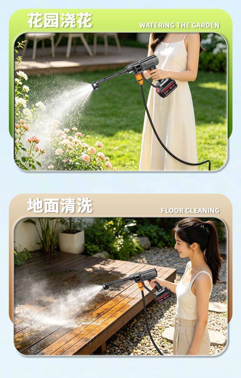 Wireless high-pressure car wash gun, lithium battery-powered self-priming car washer, portable household car wash and garden watering high-pressure water gun