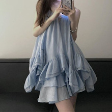 日系可爱风不规则吊带裙甜辣小清新褶皱小裙子百搭时尚甜美连衣裙
