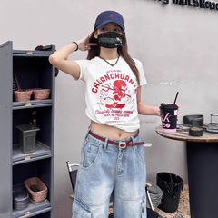 ネットの赤いタイプの小さい悪魔のプリントの純綿の半袖のtシャツの正肩の丸首の修身はやせているギャルの上着の夏の新型を現します。