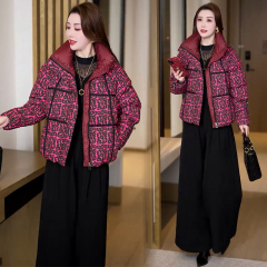 Fashionable thickened cotton jacket for women 2024 new winter style foreign trade slim temperament plaid spliced ​​floral cotton jacket versatile bread jacket