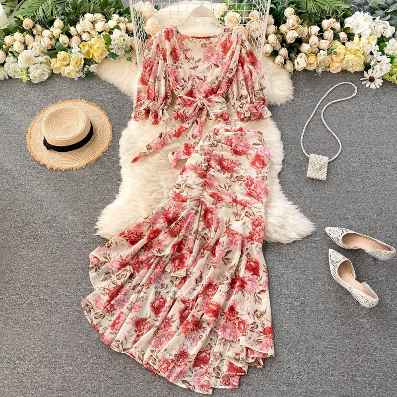 Carefully Selected Vacation Style Two-Piece Set 2020 New Ladies Short Lace-Up Chiffon Shirt Sexy Women's Fishtail Skirt